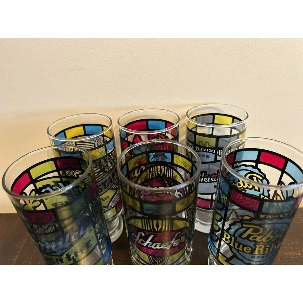 Set of 6 Anchor Hocking Beer Glass Circa 1970 Tumblers Stain Glass 6.5